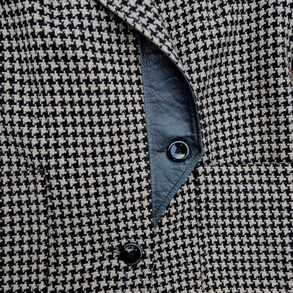 Vintage 80s Long Houndstooth Coat Womens Size M Black Beige Leather Collar - Picture 3 of 11